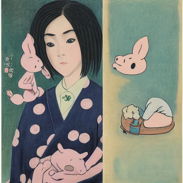 Image similar to tall emo female artist holding small portraits and piglet on a train, wearing a kimono, on yamanote line in japan, tokyo station, summer, sweat, ice coffee, pigs, octopus, acrylic on canvas, surrealist, by magritte and monet