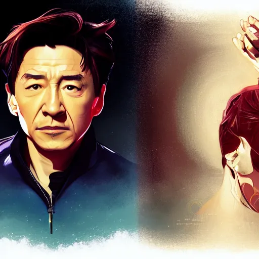 Prompt: Jackie Chan as Tony Stark, ambient lighting, 4k, alphonse mucha, lois van baarle, ilya kuvshinov, rossdraws, artstation