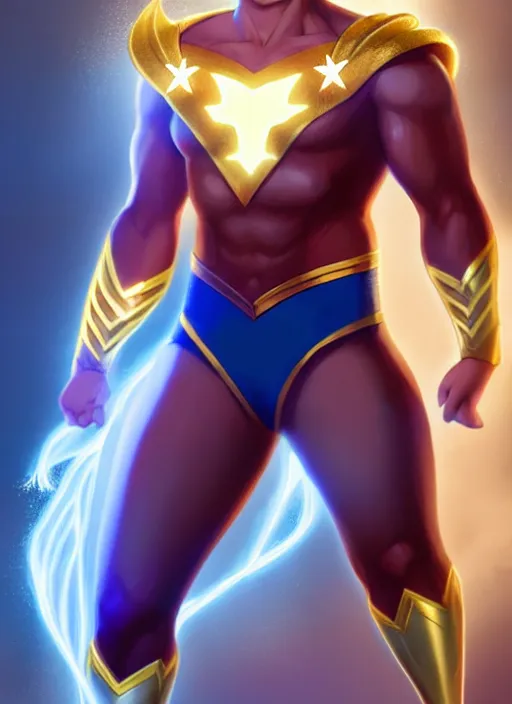 Image similar to full body portrait of shazam as a magical star guardian. detailed face, concept art, intricate, highly detailed 8 k, smooth, sharp focus, handsome and aesthetic shape of face and body, artgerm, artstation, art by zexi guo and nira and junpei suzuki and gharliera and rinotuna