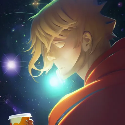 Image similar to A man drinking a cup of cosmic energy bright light, illustration, anime style, Artgerm, 4k, digital art, surreal, anime style, space dandy style, highly detailed, godsend, artstation, digital painting, concept art, smooth, sharp focus, illustration by Ruan Jia and Mandy Jurgens and William-Adolphe Bouguereau, Artgerm