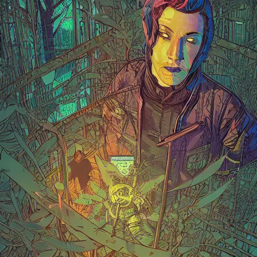 Prompt: Stunningly intricate illustration of single cyberpunk explorer overlooking lush forest, highly detailed, midnight, small glowing orbs by Josan Gonzalez and James Gilleard , Moebius, Laurie Greasley