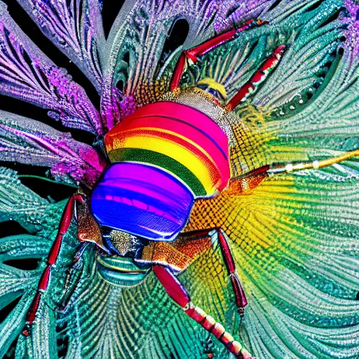 Image similar to new species of impossibly complex rainbow colored insect with fractal legs and gold filigree carapace, National Geographic, HD macro photography, award winning photo, 8K HD