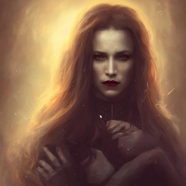 Image similar to majestic gracious regal female vampire portrait, atmospheric lighting, painted, menacing, intricate, volumetric lighting, beautiful, rich deep colours masterpiece, golden hour, sharp focus, ultra detailed, by leesha hannigan, ross tran, thierry doizon, kai carpenter, ignacio fernandez rios