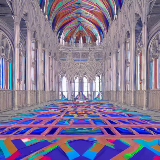 Prompt: a cathedral for the god of symmetry, floor mirroring, inside view, giant hall, floor is a mirror, highly detailed, colorful photorealistic Octane render, dramatic