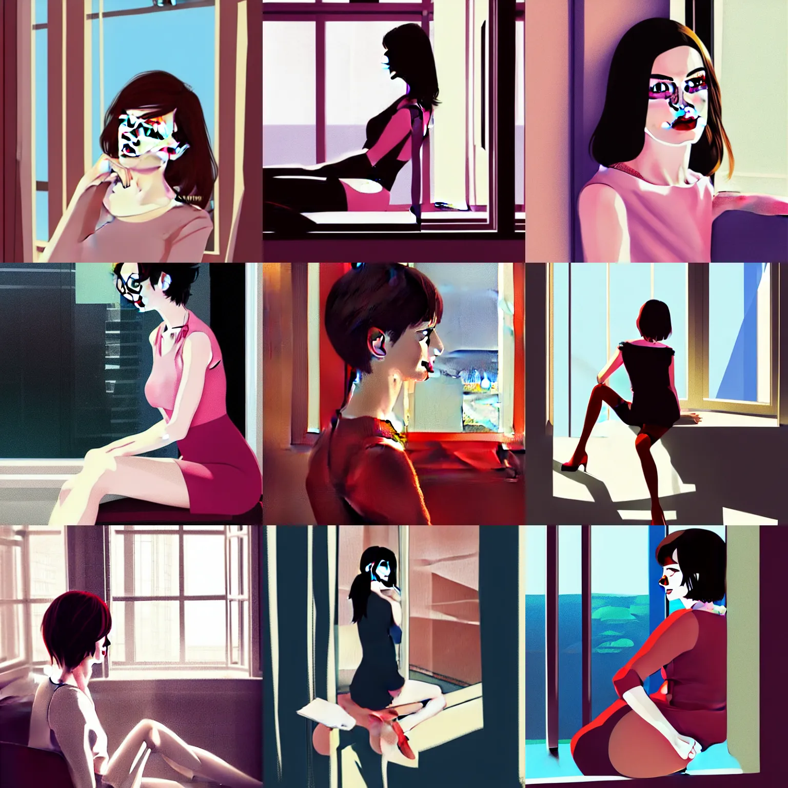Prompt: anne hathaway in the style of ilya kuvshinov, sitting down, leaning against the window