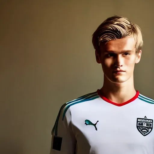 Image similar to a realistic detailed photo of a guy who is an attractive humanoid who is half robot and half humanoid, who is a male android, soccer player martin ødegaard, shiny skin, posing like a statue, blank stare, in a living room, on display