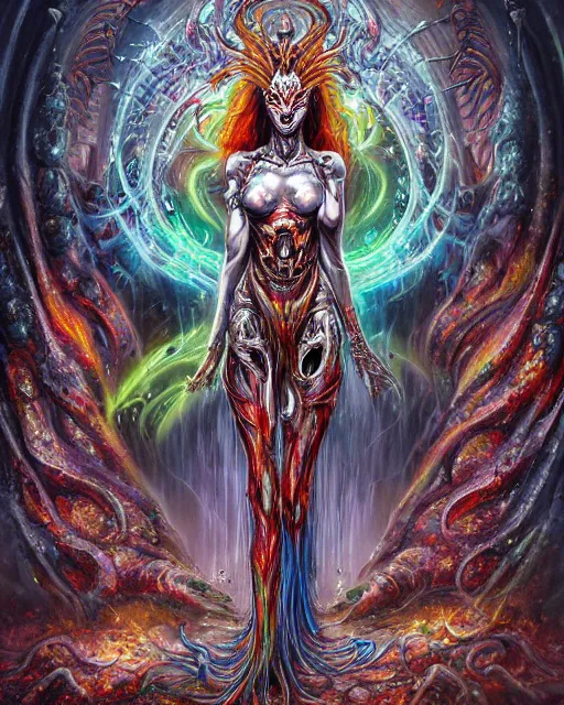 Image similar to silver mechanical charred bloody fleshmetal cyborg daemonhost woman psychedelic flamer of tzeentch with extra arms, blue and green rainbow fire, by antonio j. manzanedo, alex grey, android jones, philippe druillet, raymond swanland, cyril rolando, josephine wall, harumi hironaka, cronenburg, trending on artstation