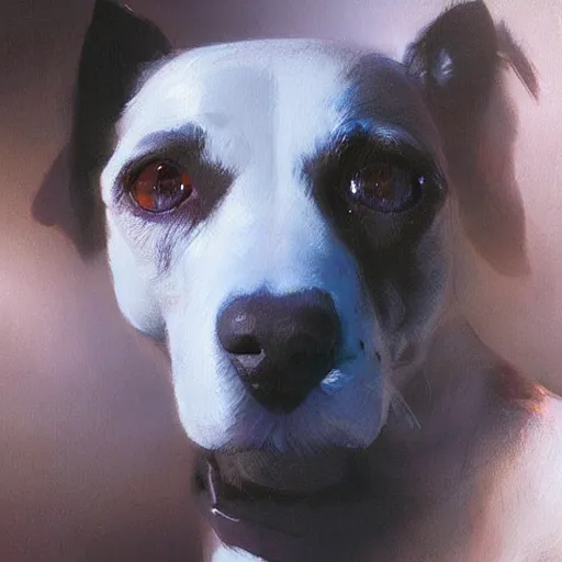 Image similar to a painting of a dog, greg rutkowski, cinematic lighting, hyper realistic painting