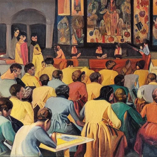 Prompt: The theoretical applications of theurgy, painting of a class in 1964