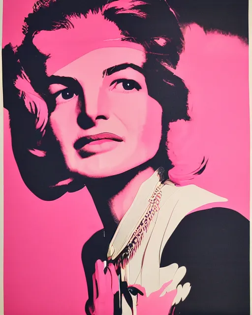 Image similar to beautiful fantasy character portrait, jacqueline kennedy silk screen print by andy warhol, wearing oversized puffy pink bomber jacket and black bikini, ultra realistic, wide angle, seductive pose, cyberpunk artifacts, highly detailed by peter mohrbacher, hajime sorayama, wayne barlowe, boris vallejo, aaron horkey, gaston bussiere, craig mullins