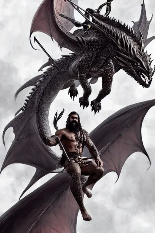 Prompt: beautiful, ethereal khal drogo ( jason momoa ) riding a dragon, intricate art deco dragon designs, elegant, highly detailed burning background, sharp focus, game of thrones art by artgerm and beeple and greg rutkowski and wlop