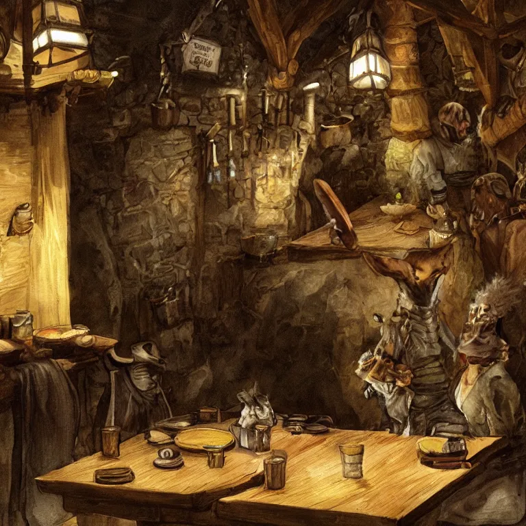 Prompt: a single emu in a halfling tavern, fantasy rpg book illustration