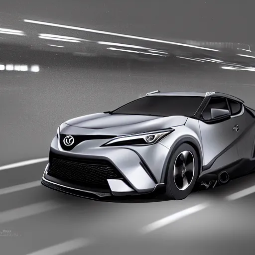 Prompt: toyota chr on a midnight road, hyperrealistic render