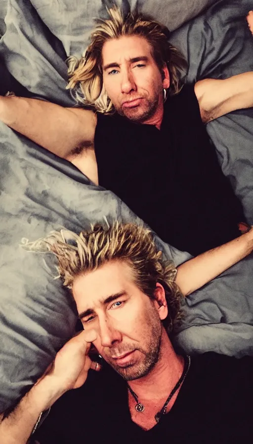 Prompt: chad kroeger snapchat selfie laying in bed with a black tanktop