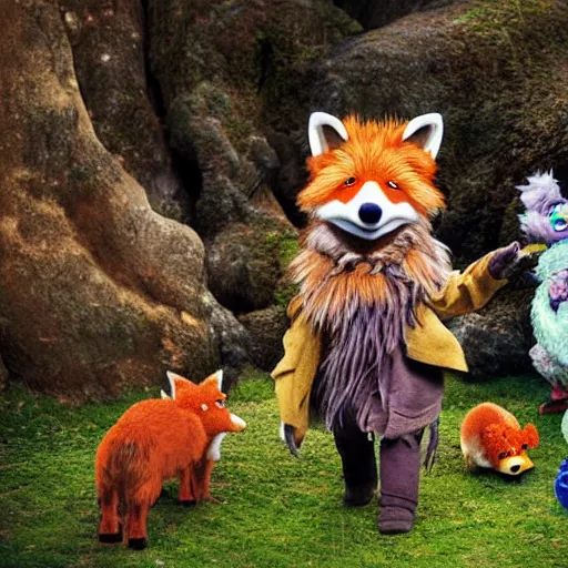 Image similar to a chibi foxfolk muppet druid wearing a hooded cloak with a small herd of random muppet animals following behind, sesame street, photograph, photography, ultrarealistic, national geographic