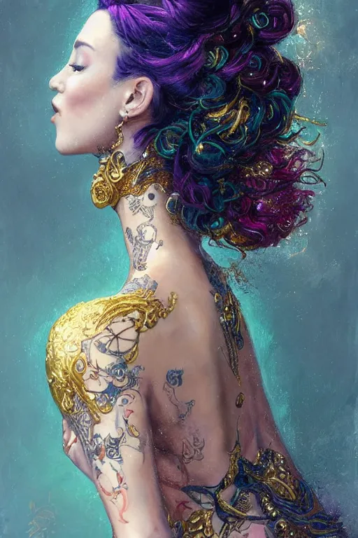 Prompt: an epic painting of a 19 years old girl figure, curly messy high bun hairstyle, whimsically designed oriental tattoos, subject wearing a gold and ruby alexander mcqueen medieval gown, flowing, ornate, beautiful, forbidden beauty, dramatic earth colors, with few vivid purple highlights, by Jeremy Mann, trending on Artstation, 80mm lens, rule of thirds, oil on canvas