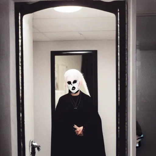 Image similar to a woman with white hair and makeup in a bathroom, an album cover by nan goldin, tumblr, international gothic, goth, antichrist, gothic