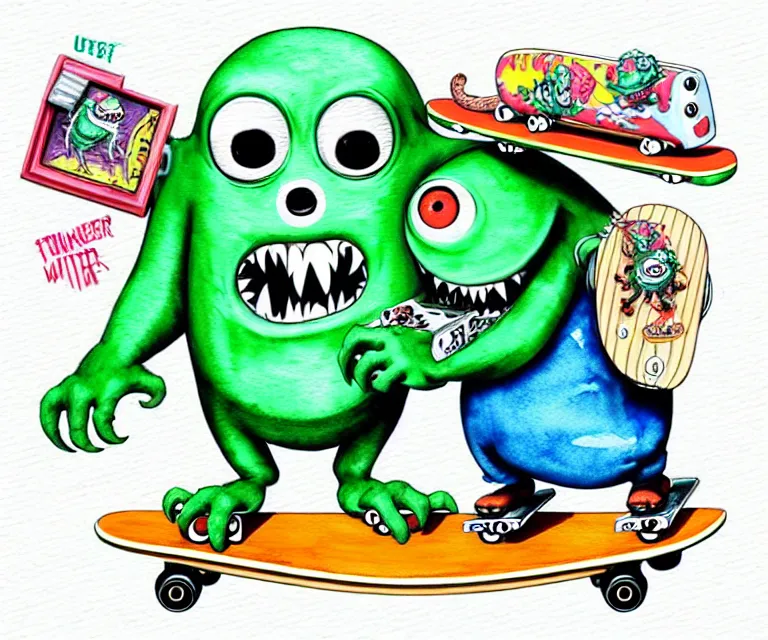 Image similar to cute and funny, monster on a skateboard, ratfink style by ed roth, centered award winning watercolor pen illustration, isometric illustration by chihiro iwasaki, edited by range murata, tiny details by artgerm and watercolor girl, symmetrically isometrically centered