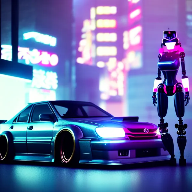 Image similar to toyota jzx 1 0 0 drift with pretty cyberpunk robot girl standing, detailed wheels, shibuya prefecture, cinematic lighting, photorealistic, night photography, octane render by tomino - sama