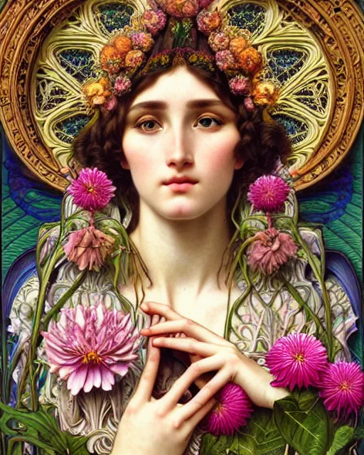 Prompt: hyperrealistic detailed portrait of a beautiful young goddess with an intricate headgear morphing into a gothic cathedral, authentic ornamental architecture, flowers, art by ernst haeckel, john william godward, android jones, alphonso mucha, h. r. giger, gothic, neo - gothic, ornamental, beautiful deep colours,