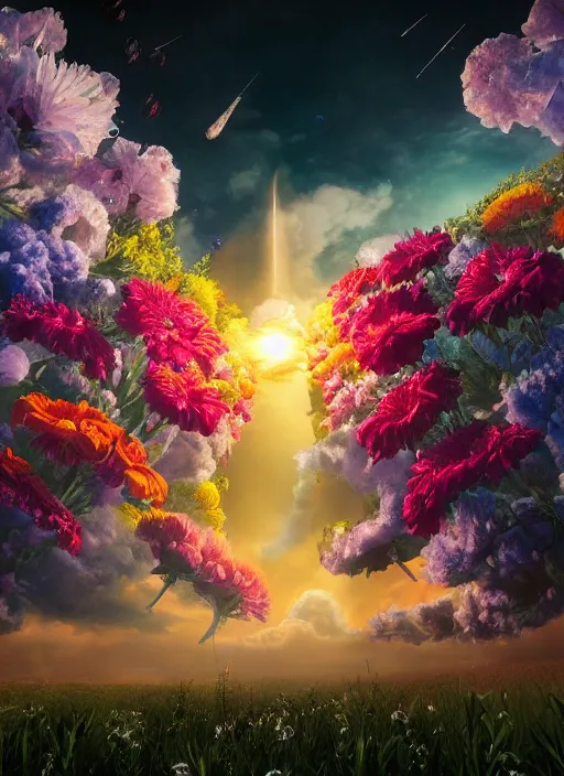 Image similar to An epic fantastic realism comic book style painting of the most beautiful flowers launched into space, bouquets, solar eclipse, fisheye, unreal 5, DAZ, hyperrealistic, octane render, dynamic lighting