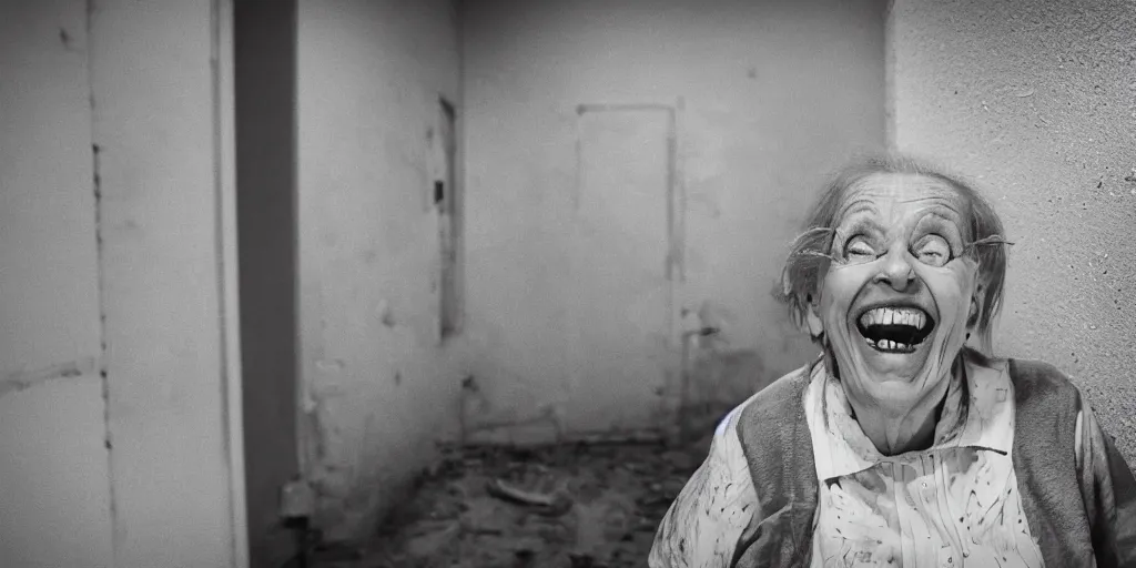 Image similar to evil old lady laughing in an abandoned prison, security camera, black and white, real