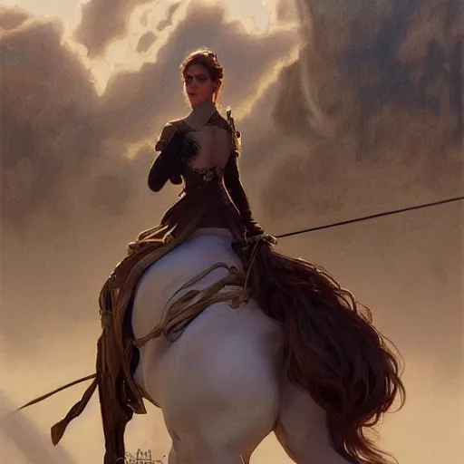 Image similar to ultra realistic illustration, emma watson on a horse, intricate, elegant, highly detailed, digital painting, artstation, concept art, smooth, sharp focus, illustration, art by artgerm and greg rutkowski and alphonse mucha