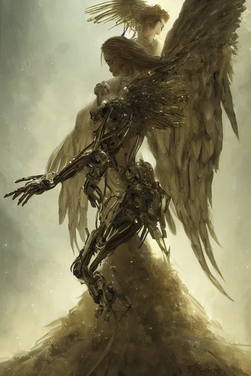 Image similar to angel of artificial intelligence by jean - baptiste monge, high quality, high resolution, 4 k, painted by cgsociety, rutkowski, gurney with ambient lighting, concept art, detailed, dramatic contrast, dynamic volumetric cinematic lighting, octane, raytrace