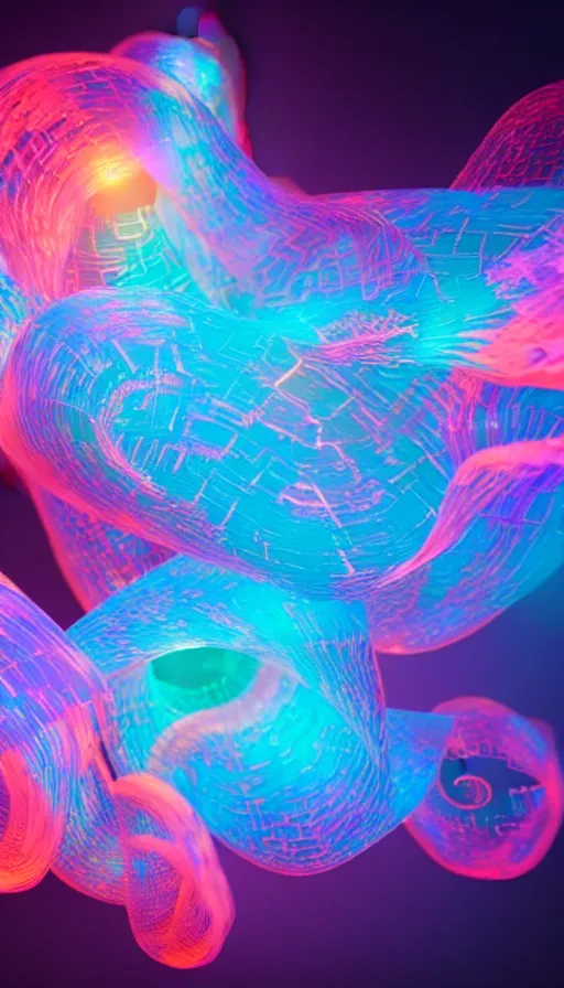 Prompt: 8 k uhd houdini recursive dna structure, background radiant swirling smoke wisps, dreamy colors, magical volumetric lighting, 1 8 mm lens