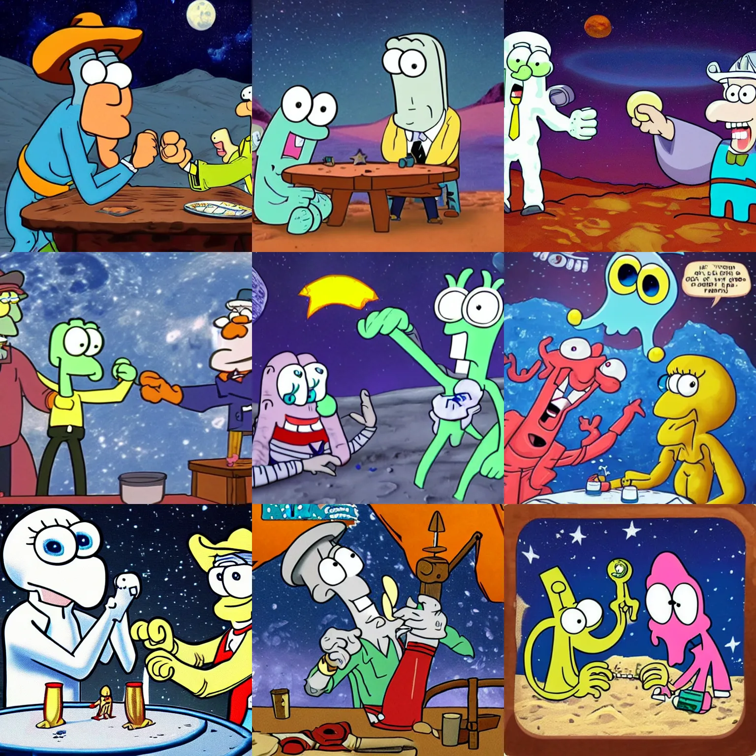 Prompt: Squidward from Spongebob Squarepants arm wrestling with cowboys on the moon