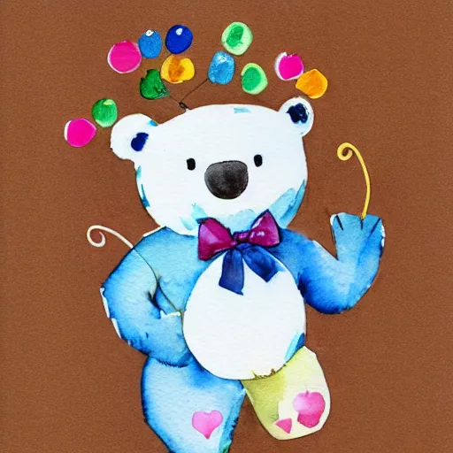 Prompt: watercolor cute animated teddy bear holding birthday balloons, white background,
