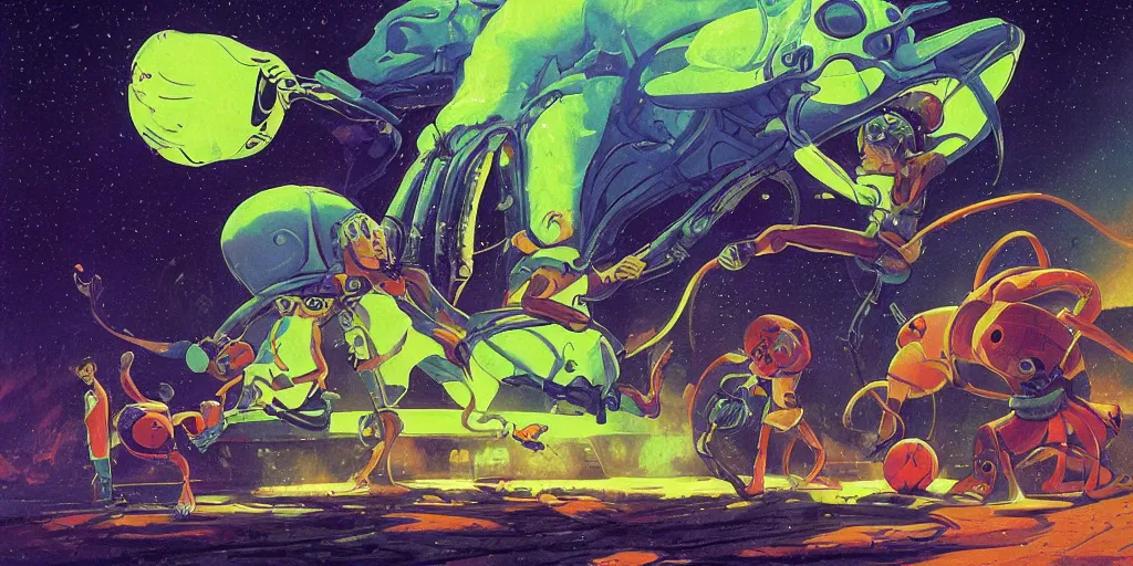 Image similar to digital illustration of a aliens doing mixed martial arts and basketball by paul lehr and chris moore and michael whelan, mix of styles, highly detailed, intricate, studio ghibli color scheme