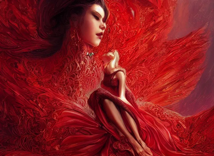 Prompt: woman in love sit upon a scarlet coloured beast, pain, royal dress, light effect, hyper detailed, intricate, elegant, highly detailed, digital painting, artstation, concept art, matte, sharp focus, illustration, by james jean, andrei riabovitchev, marc simonetti, yoshitaka amano