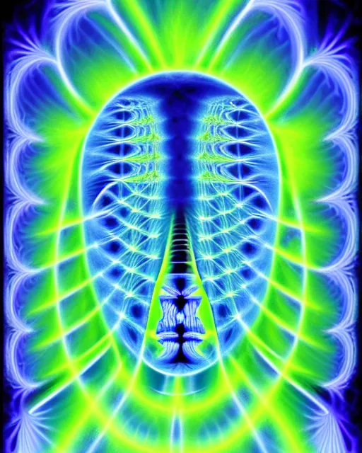 Image similar to alex grey style fractal pattern xray portrait of a glowing alien with space behind them. convergence of a higher mind