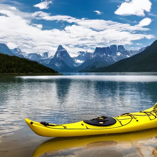 Prompt: a beautiful image of a breathtaking lake with amazing mountains in the background, there is a kayak in the foreground on the beach, landscape