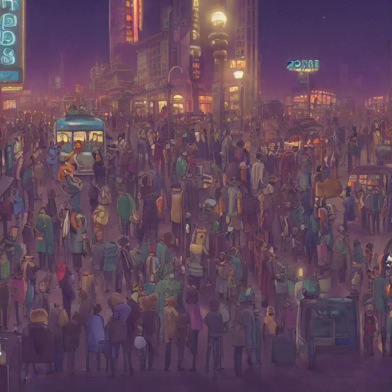 Image similar to few people waiting in a bus stop in dark city night, detailed, high quality, high resolution, screenshot from Zootopia