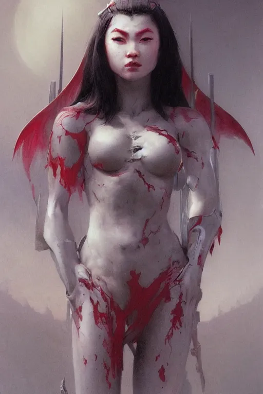 Image similar to Portrait of beautiful pale warhammer 40000 asian maiden in latex, dark fantasy, red light, artstation, painted by Wayne Barlowe and Greg Rutkowski and zdislav beksinski and Ruan Jia and Mandy Jurgens and Artgerm and william-adolphe bouguereau