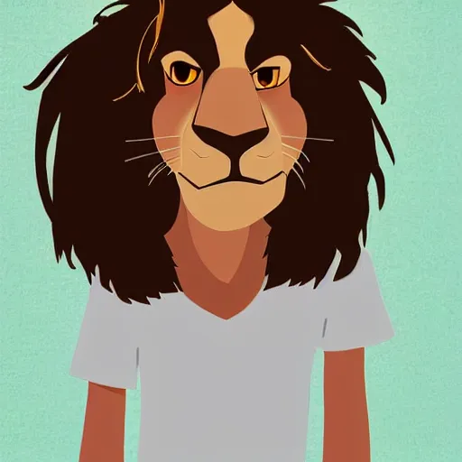 Image similar to a full-height portrait from afar of Simba form the Lion King look like an ordinary human boy with beautiful hair and the head of the lion, wearing a white T-shirt and blue jeans, humanisation, digital art style