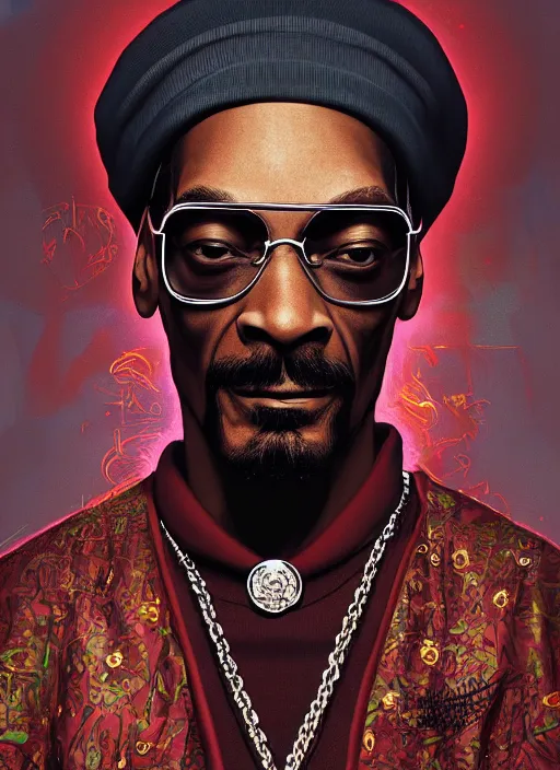 Prompt: snoop dogg is an evil wizard, dark, red, black, mist, hyper detailed, digital art, trending in artstation, cinematic lighting, studio quality, smooth render, unreal engine 5 rendered, octane rendered, art style by klimt and nixeu and ian sprigger and wlop and krenz cushart.