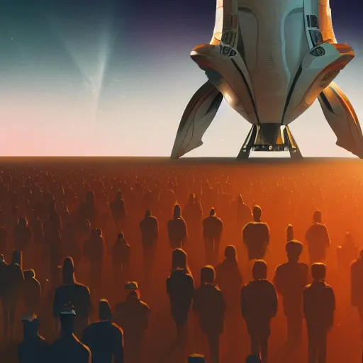 Image similar to thousands of people next to a big spaceship, sad color palette, artstation