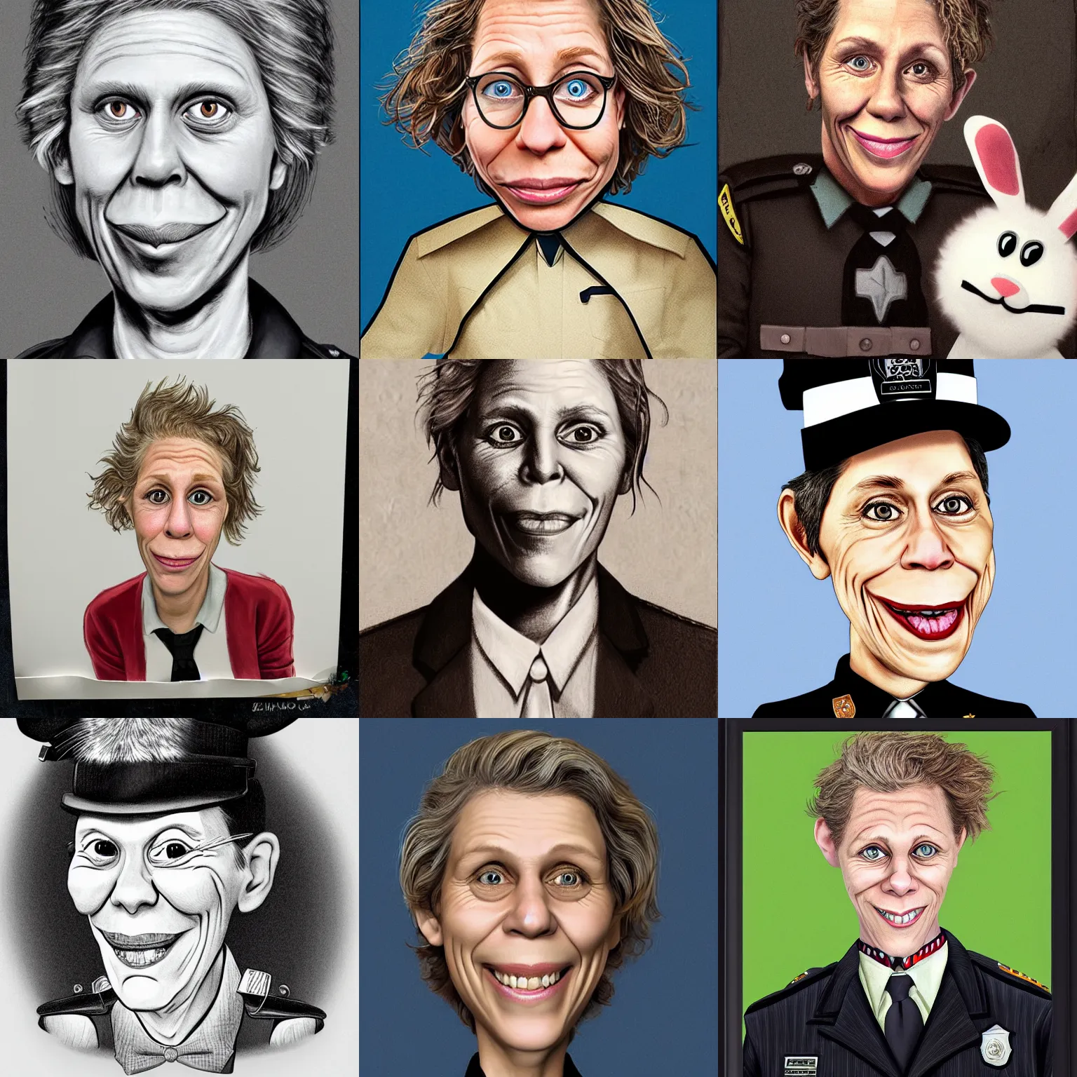 Prompt: Frances McDormand realistic caricature as anthropomorphic bunny cop, portrait