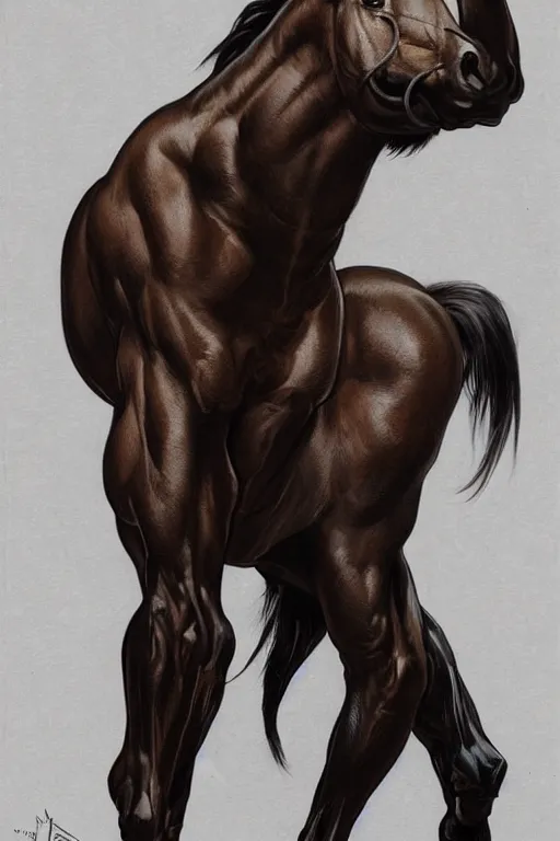 Image similar to portrait of hulking anthro horse whose physique is bursting with muscle, leather catsuit, test subject, monstrous, full body, sci - fi, highly detailed, digital painting, artstation, concept art, sharp focus, illustration, art by artgerm and greg rutkowski and alphonse mucha