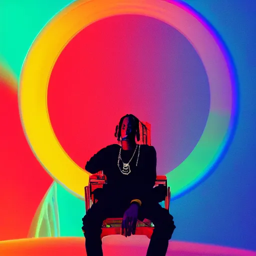 Image similar to Travis Scott sitting on a chair floating over Earth, 4k, Aubrey Powell, vintage photo, lens flare, beautiful cinematography, rainbow, surreal, film grain