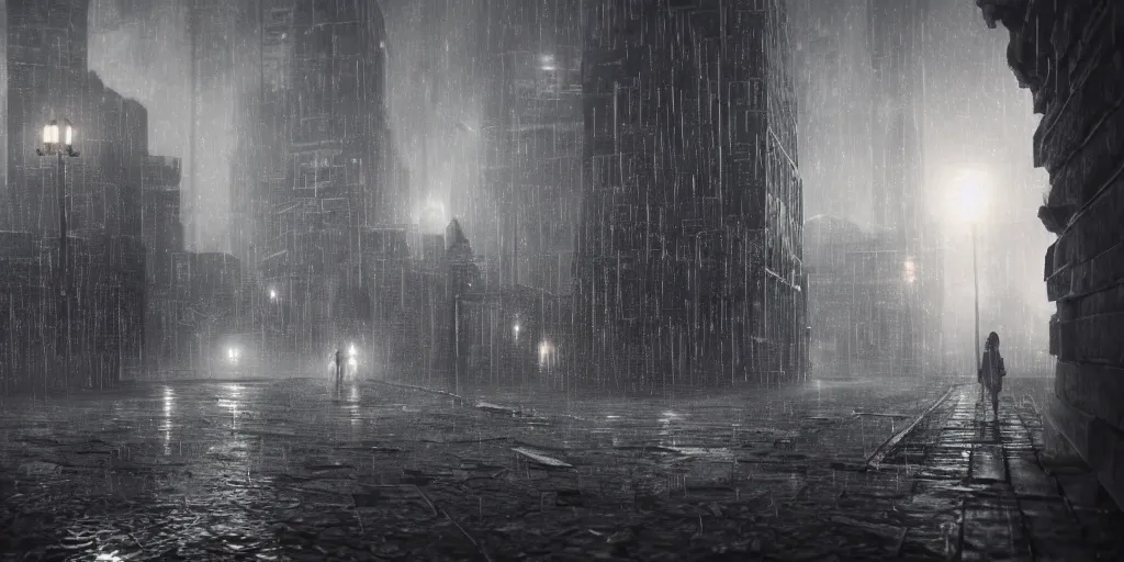 Image similar to a cold and melancholic city in a dark cavern, rainy and gloomy atmosphere, viewed from afar, fantasy digital art, octane render, beautiful composition, trending on artstation, award - winning photograph, masterpiece