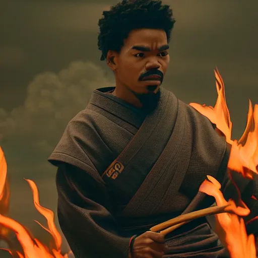 Image similar to cinematic film still of Chance The Rapper starring as a Samurai holding fire, Japanese CGI, VFX, 2022, 40mm lens, shallow depth of field, film photography