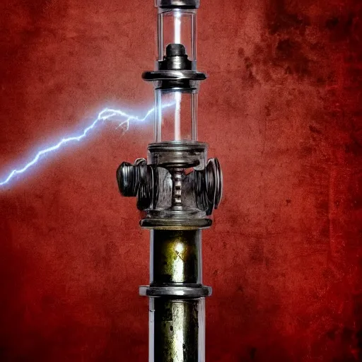 Prompt: Antique ornate sci-fi syringe filled with red liquid, dramatic lightning backround