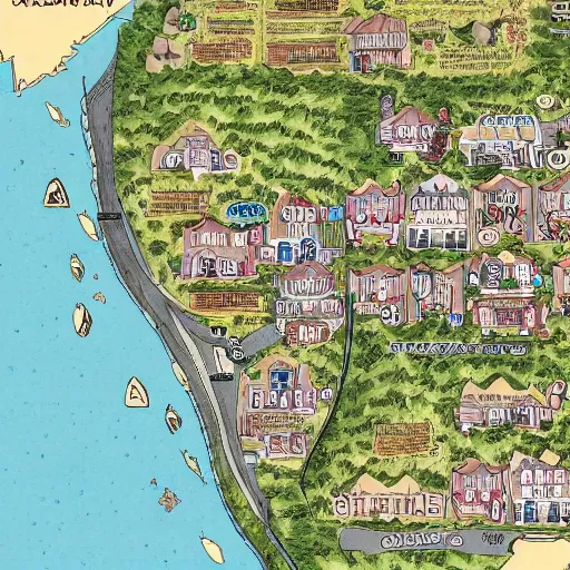 Image similar to overhead dnd map of a small suburban coastal town by mike schley,