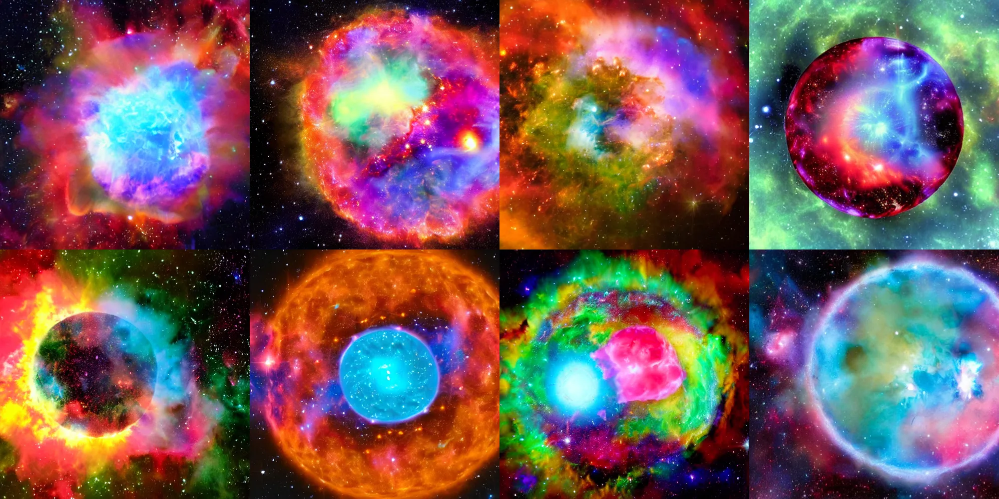 Prompt: Colorful gas nebula inside a perfect sphere