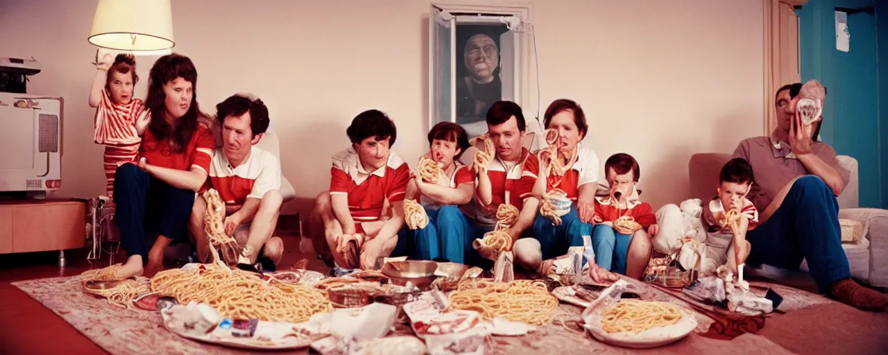 Prompt: a family watching the moon landing on tv, eating spaghetti, in the style of diane arbus, canon 5 0 mm, wes anderson film, kodachrome, retro