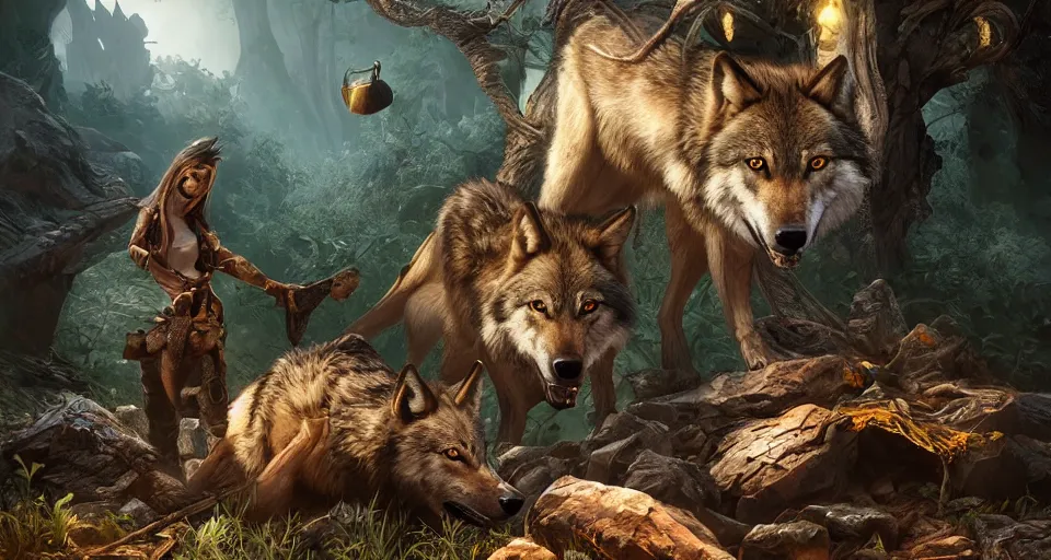 Image similar to wolves and their treasures. fantasy style, - ultra realistic, octane render, unreal engine 5, raytracing, 8 k highly detailed, trending on artstation, illustration, - digital painting, highly detailed render